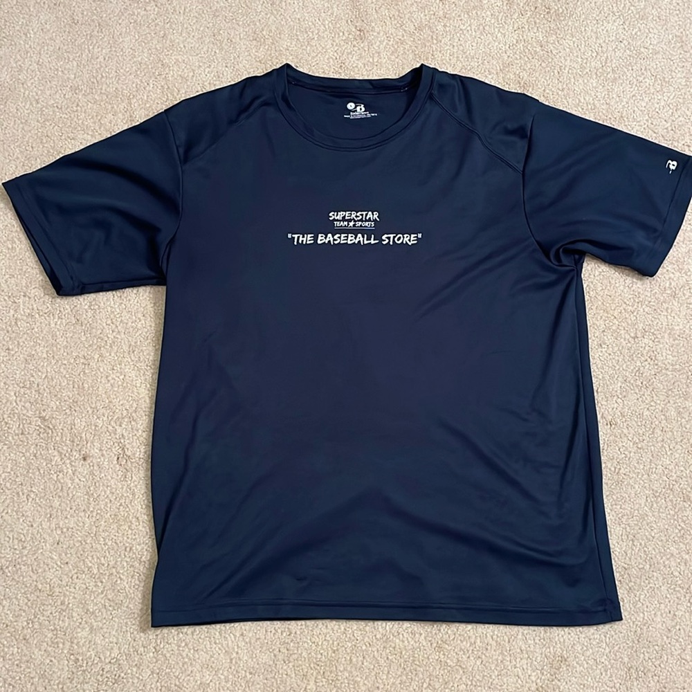 EUC Badger Quick Dry short sleeve navy baseball tee, size Large
